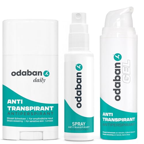Odaban Juego completo – Spray antitranspirante + desodorante + gel contra la sudoración en la cara, manos sudorosas, pies de queso – contra la sudoración intensa con aluminio – sudor de las manos