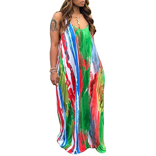 Image of BFFBABY Womens Summer Suspender Maxi Dress Plus Size Striped Printed Sleeveless with Pockets and Belt