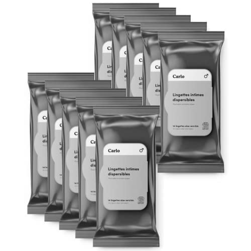 Carlo & Carla (ex Essuie-Fraise) - Lingettes intimes homme - Sélection congrès urologues - 100% biodégradables - Hygiène masculine bio et naturelle - 140 lingettes (10 paquets capot hermétique de 14) Cover
