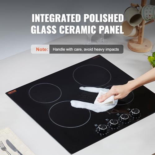 Image of VEVOR Electric Cooktop, 24 inch 4 Burners Built-in Electric Stove Top, 6000W Ceramic Top Radiant Cooktop, with 11 Heat Levels, Glass Panel, Knob Control, 220-240V, Hard Wire (No Plug)