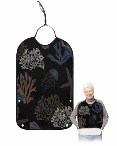 LEOKOTI Black Coral Coastal Adult Bibs for Eating, Waterproof Bibs with Food Catcher & Adjustable Snap Closure, Nautical Starfish Summer Beach Washable Clothing Protectors Adult Bibs for Elderly