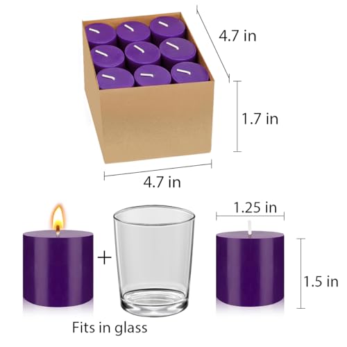 Image of 9 Packs Unscented Purple Votive Candles, Small 1.5 Inch by 1.25 Inch Colored Wax Candles for Wedding, Home Party Table Decoration - 8 Hours Burn Time