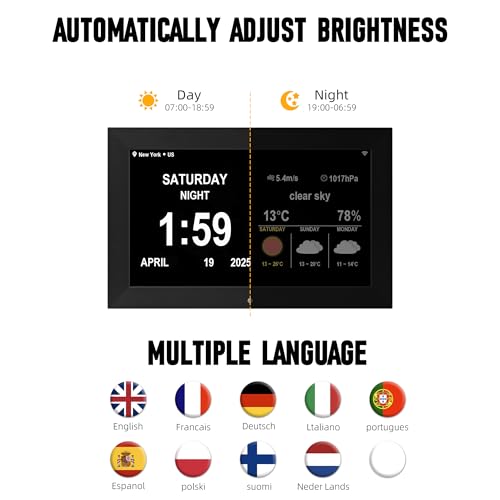 WiFi Clock with Date, Alarm, Weather, Temperature & Humidity Display – Auto Brightness, Multiple Alarms, suitable for the elderly and Alzheimer's patients. - Image 3