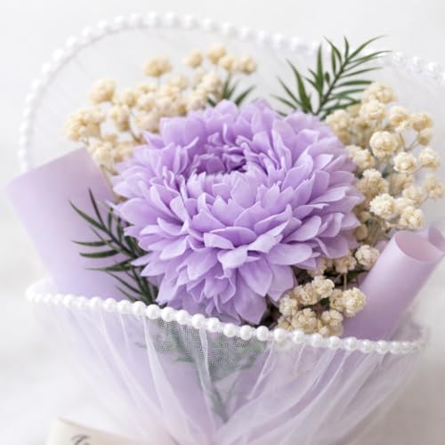 Image of Mini Artificial Flower Bouquet Gifting, Preserved Look Flower Pearl Net Wrap inchJust for You inch, Romantic Small Gift Valentine, Birthday, Proposal, Home & Desk Decor (Lavender)