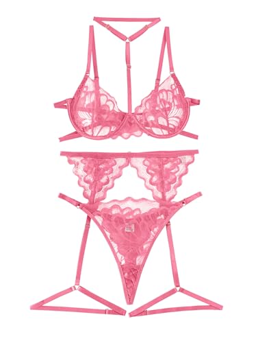 Image of Lilosy Sexy Choker Floral Lace Scallop Sheer Underwire Push Up Garter Belt Lingerie Set 3 Piece