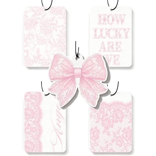 Image of Car Air Freshener Cute Pink Lace Bow Coquette Girly 5pcs Automotive Accessories Car Interior Hanging Scents Mirror Decor for Women Teen Girls