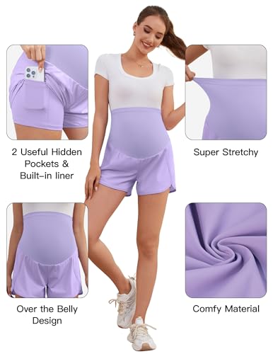Image of PACBREEZE Women's Maternity Shorts Over Belly Quick Dry Workout Athletic Running Shorts with Zipper Pockets
