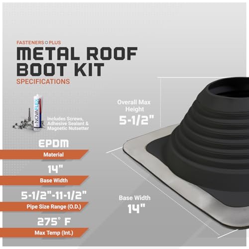 Image of Fasteners Plus #7 Square EPDM Metal Roof Pipe Flashing Boot | with Complete Install Kit (Fits 5-1 /2 inch - 11-1 /2 inch Pipe OD), Black