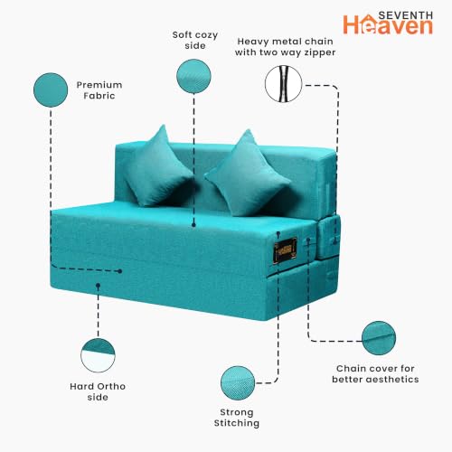 Image of Seventh Heaven Rejioce 2 Seater 4 * 6 Jute Fabric Washable Cover Sofa Cum Bed with 2 Cushions 2 Seater Double Foam Fold Out Sofa Cum Bed (Finish Color - Blue Delivery Condition - Pre-Assembled)