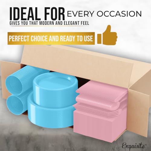 Image of Exquisite 350 Pcs Gender Reveal Plates and Napkins Party Supplies Plate Set | Sturdy Plastic Dinnerware Set With 9 inch & 7 inch Plates, 12 Oz Cups, Lunch Napkins and Cutlery Serves 50 for Birthdays & Everyday