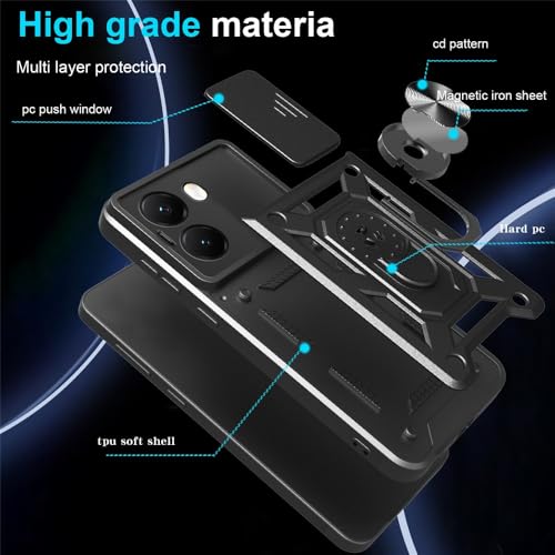 Image of Heavy Duty Back Case Cover for Poco X7 Pro 5G, Shockproof Poco X7 Pro Back Cover, Ring Case with Kickstand and Camera Protection Shutter - Black