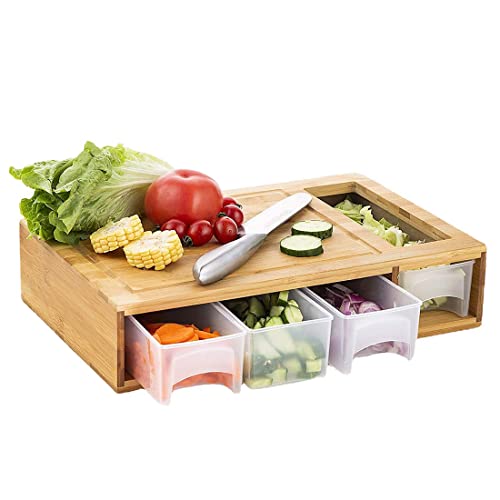 Bamboo Cutting Board With 4 Containers, Large Chopping Board With Juice Grooves, Easy-Grip Handles & Food Sliding Opening, Carving Board With Trays For Food Storage, Transport And Cleanup #TOP5