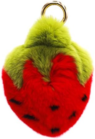 surell - Real Rex Rabbit Fur Strawberry Fruit Keychain - Kawaii Pom-Pom Bag Purse Food Charm - Adorable Straw Berry Gold Ring Fluffy Fur Ball - Fashion Gift (Red,Green)