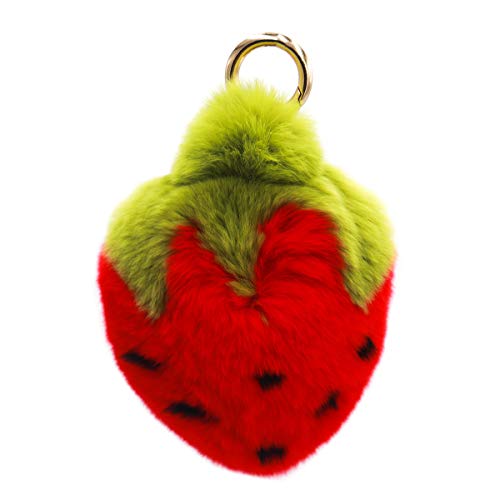 Surell - Real Rex Rabbit Fur Strawberry Fruit Keychain - Kawaii Pom-Pom Bag Purse Food Charm - Adorable Straw Berry Gold Ring Fluffy Fur Ball - Fashion Gift (Red,Green) #TOP4