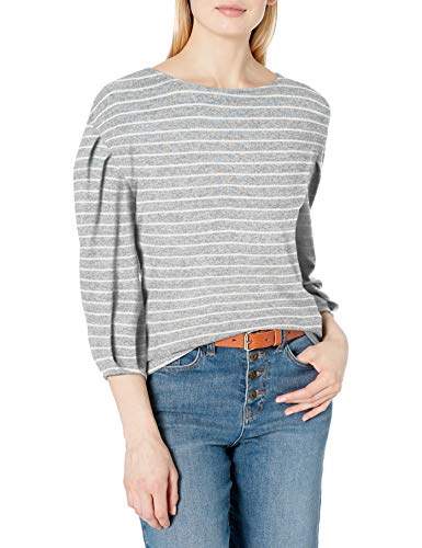 Amazon Brand - Daily Ritual Women's Cozy Knit Drop Shoulder Bateau Pleat-Sleeve Top, Heather Grey Marl/White Stripe, XX-Large