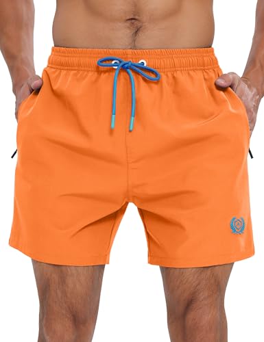 APTRO Mens Swim Trunks 5 inch Board Shorts Quick Dry Bathing Suits with Mesh Lining Beach Swim Shorts with Zipper Pockets Orange L