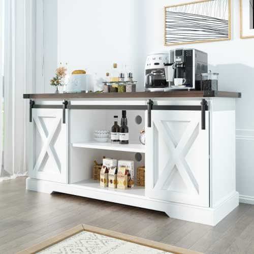 Squireewo Farmhouse Buffet Cabinet Sideboard with Sliding Barn Doors, Rustic Coffee Bar Cabinet Server with Storage and Adjustable Shelves, Cupboard Table for Kitchen Dining Room Living Room, White