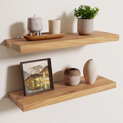 Image of Floating Shelves for Wall, 24in Reclaimed Elm Wood Shelves, Natural, 2PCs | 8in Deepth Rustic Solid Elm Wood Shelves for Storage, Wall Display Shelving, Invisible Metal Bracket