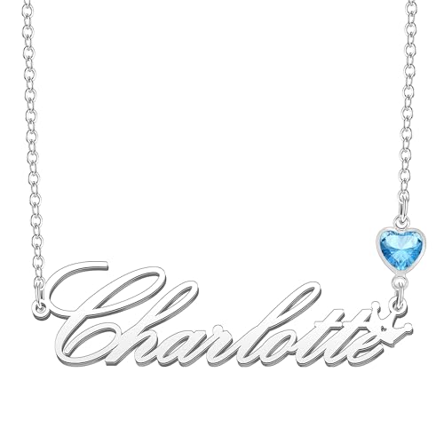 Kraven Damen Kette mit Namen Blauer Geburtsstein-Anhänger Halskette Namenskette Geschenk Personalisiert Damenkette Buchstaben Kette Geschenkidee für Frauen Teenager Mädchen Tochter (Charlotte)