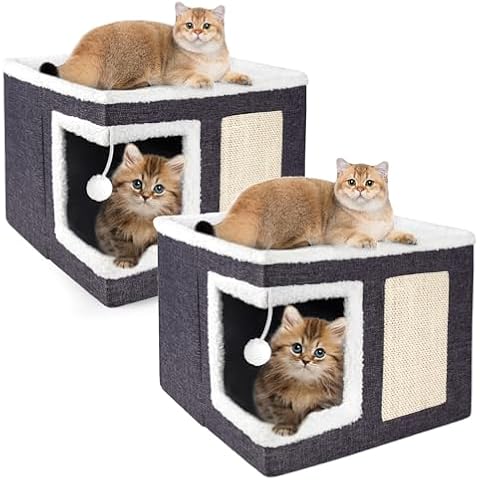 Loyareal 2 Pack Cat Houses for Indoor Cats - Large Cat Bed Cave for Cat House with Scratch Pad and Fluffy Ball, Foldable Cat Hideaway with Reversible Cushion Cat Condo for Multi Small Pet, Dark Grey Cover