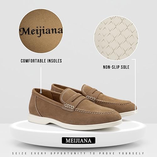 Image of Meijiana Men's Genuine Leather Loafers Slip-On Moccasins Suede Dress Shoes, Lightweight and Breathable with Rubber Sole Stylish Mens Loafers