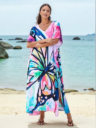 Image of IMAGEKOPE Kaftan Dresses for Women Plus Size Bathing Suit Cover up Vneck Batwing Dress Loose fit Moroccan Caftan mumu Dresses
