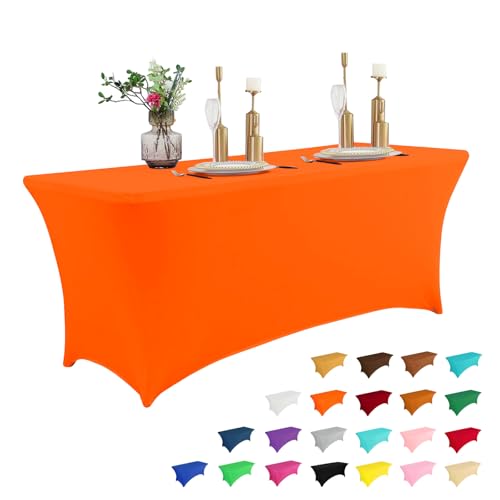 Image of IVAPUPU 4FT Table Cloth for Rectangular Fitted Events Stretch Orange Table Covers Washable Cover Spandex Tablecloth Protector for Party, Wedding, Cocktail, Banquet, Festival