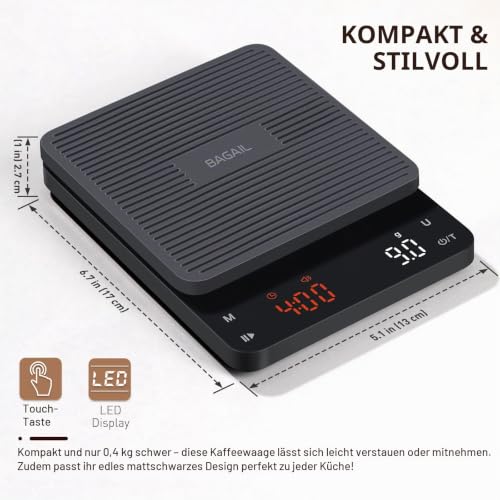 Bagail Digitale Kaffeewaage mit Timer 0,1 g Hochpräzise Elektronische Küchenwaage mit Großem Display und Automatischer Tarierung… – Ansicht 5