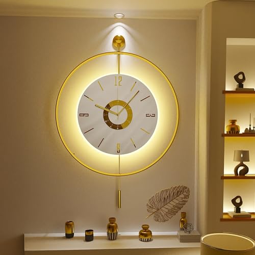 Scandinavian Dial Large Clock, Led Wall Clock for Living Room, Pendulum Wall Clock, Gold Metal Circle