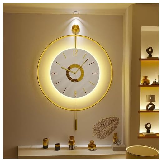 Scandinavian Dial Large Clock, Led Wall Clock for Living Room, Pendulum Wall Clock, Gold Metal Circle