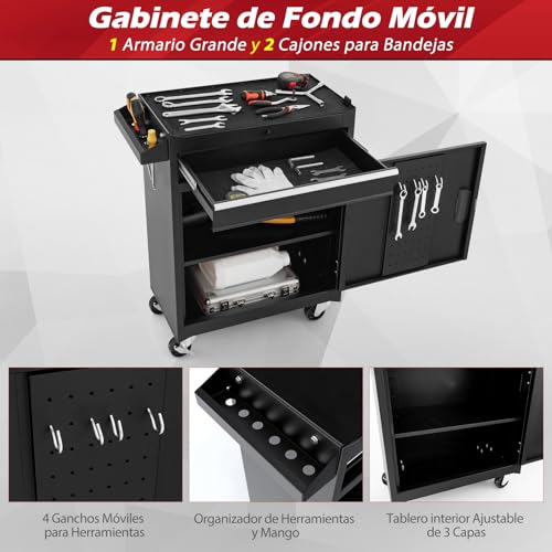 Miniatura 5 de Gymax Carro De Herramientas Con 5 Cajones, Armario De Herramientas 2 En 1 Con Gancho, Estante Ajustable Y Ruedas Universales, Carro De Herramientas Para Garaje, Almacén Y Taller Negro