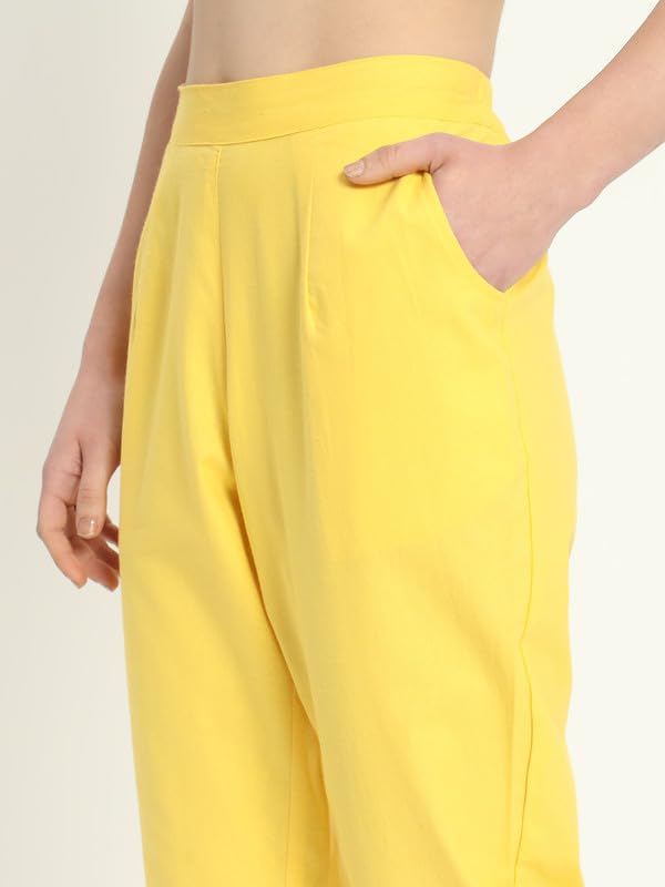 Image of Women's Solid Straight Fit 100% Cotton Trousers | High Waist, Side Pockets, Ankle Length Pants for Office, Casual