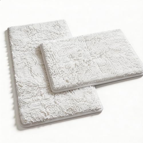 White Bathroom Rugs and Mats Set, 2 Piece Chenille Bath Mat Set, Machine Wash Dry, Non Slip Absorbent Shaggy Bath Rug for Bath Room, Shower and Tub (2