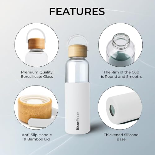 Image of Borosilicate Glass Water Bottle 500 ml | Leakproof Bamboo Lid & Silicone Sleeve | BPA Free Reusable Drinking Bottle for Office, Gym, Travel & Daily Use (White)