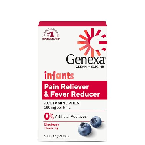 Image of Genexa Infants' Clean Acetaminophen | Pediatrician Preferred Ingredients | Pain Reliever & Fever Reducer for Babies| Dye Free, 0% Artificial Additives | Delicious Organic Blueberry Flavor, 2 fl oz