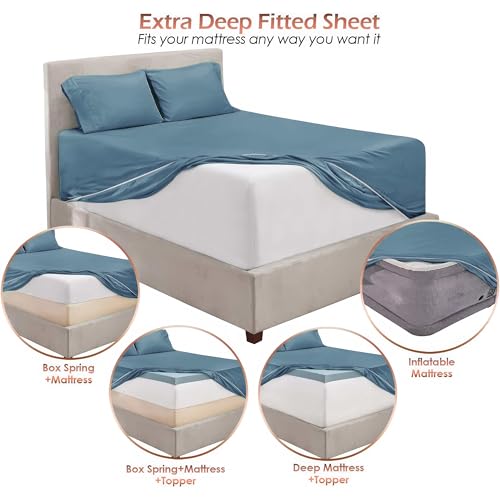 Image of Hearth & Harbor Extra Deep Pocket Queen Sheet Set, Stone Blue | 4 Piece Cooling Bed Sheets Set, Ultra Soft & Breathable, Fits Up to 24 inch Mattress, Wrinkle & Fade Resistant, Hotel Luxury