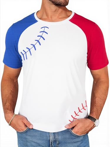 Baseball Shirts for Men Short Sleeve Raglan Shirts Men Casual Round Neck Patchwork Raglan Baseball Tees Tops Red-Blue