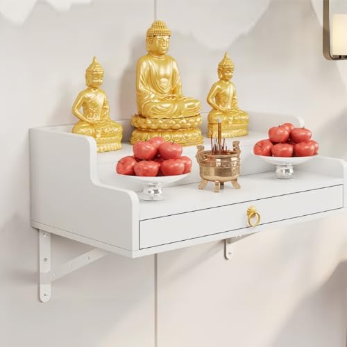 Wall Mounted Buddha Altar Shelf with Retractable Pull Board Small Statues Shrine Altar Table Meditation Altar Table Handmade Tiered Puja Shrine with Storage Buddhist Meditation Alte White 50CM/19.7IN