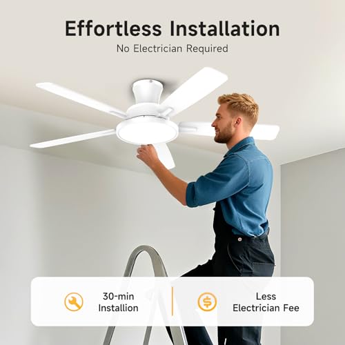 TALOYA Ceiling Fans with Lights and Remote, 52 inch Low Profile Ceiling Fan with Nightlight, Flush Mount, Reversible, 3CCT, Dimmable White Modern Ceiling Fan for Bedroom, Living Room, Outdoor Patio thumbnail 7