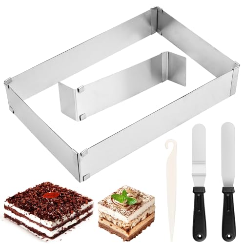 DINSONG Marco de horno rectangular ajustable, molde de acero inoxidable, rectangular, anillo para tartas, molde ajustable, cuadrado con divisor, espátula, para tartas, pizza, decoración de fiestas