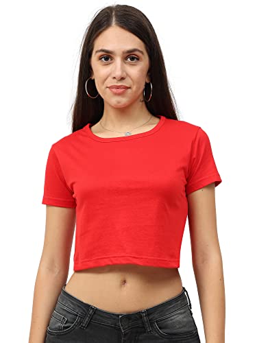 Image of FLEXIMAA Women's Cotton Plain Round Neck Half Sleeve Crop Top