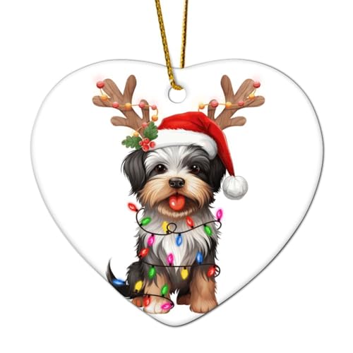 Biewer Terrier mit Geweih Christbaumschmuck Hund Rasse Hund Kind Tier Herz Porzellan Anhänger Keramik Porzellan Hängende Weihnachtskugel Geschenk für Xmas Party Dekorationen