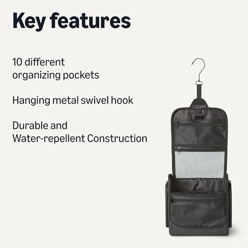 Image of Amazon Essentials Waterproof Travel Toiletry Bag for Men and Women, Hanging Dopp Kit with Multiple Interior Pockets, 2 Side Pockets, Black, 10 inch x 4 inch x 10 inch