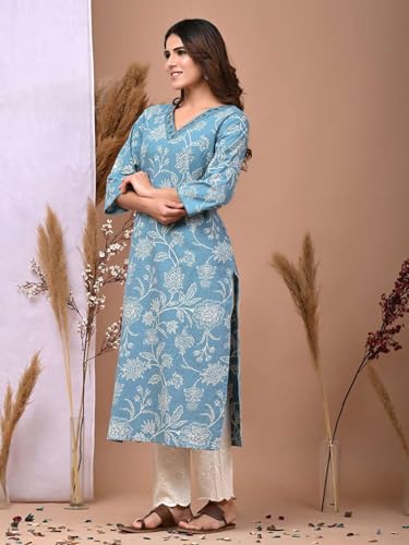 Image of Rimeline Women's Cotton Printed Kurta with Embellished V-Neck Design | Straight Fit Ethnic Wear for Office, Casual & Daily Use