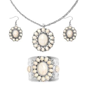 Howlite Jewelry Set – Pink, Yellow, Blue, Green & White Western Jewelry for Women – Turquoise Inspired Necklace, Earrings & Cuff Bracelet Set – Southwestern Chunky Statement Necklace in Stainless