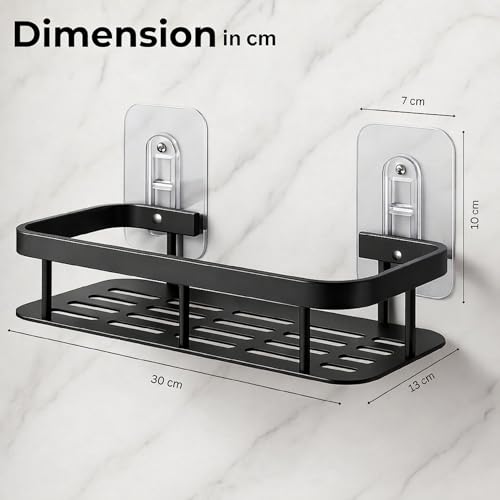 Image of Dwain Wall Mounted Bathroom Shelf with Guard Rail, Aluminium Storage Rack with Drainage Base, Black Finish (Pack of 2) (Black)