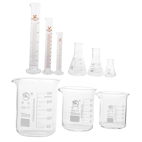 OFFSCH Essential 9pcs Glass Laboratory Tool Set Beakers Cylinders Conical Flask Measuring Cups No Bubbles No Burrs Accurate Measurement