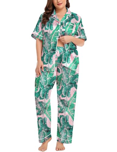 Image of SWOMOG Women's Plus Size Pajamas Silk Satin Pajama Set Short Sleeve Shirt with Full-Length Pants Pjs Sleepwear Set 18W-26W