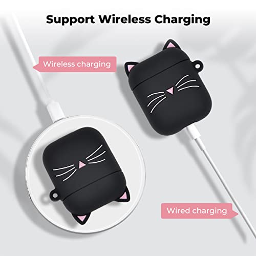 Megantree Cute Airpods Case, Airpods 2 Case, Black Whisker Cat Kitty Funny Kawaii 3D Cartoon Animals Full Protection Shockproof Soft Silicone Charging Case Cover Skin With Keychain For Girl Women Kids #TOP3