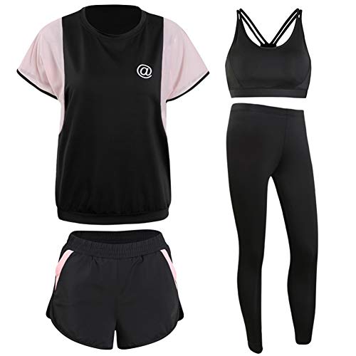 TIAN Women's yoga wear, quick-drying clothes, casual fitness sportswear, four-piece suit, comfortable and breathable, good elasticity, suitable for yoga/fitness,Pink,L